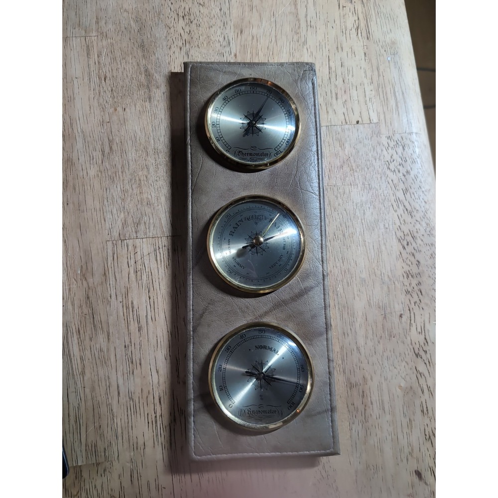 Unique Vintage Leather Encased‎ Weather Center Barometer Thermometer Hygrometer.